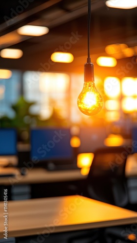 Wallpaper Mural blurry background office workspace lighting concept. Office light bulb with sunset backdrop Torontodigital.ca