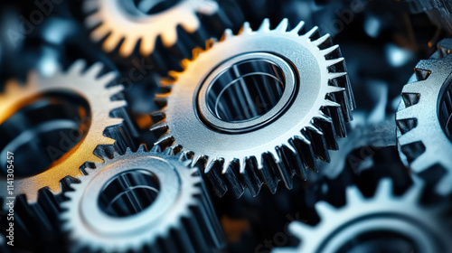 A pile of gears and steel structures placed in the workshop photo