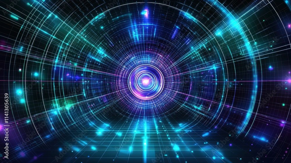 A holographic futuristic tunnel background featuring glowing concentric rings and light beams creating a sense of depth and motion. Neon colors of blue, purple, and teal radiate from the center, A holographic futuristic tunnel background featuring glowing concentric rings and light beams creating a sense of depth and motion. Neon colors of blue, purple, and teal radiate from the center,