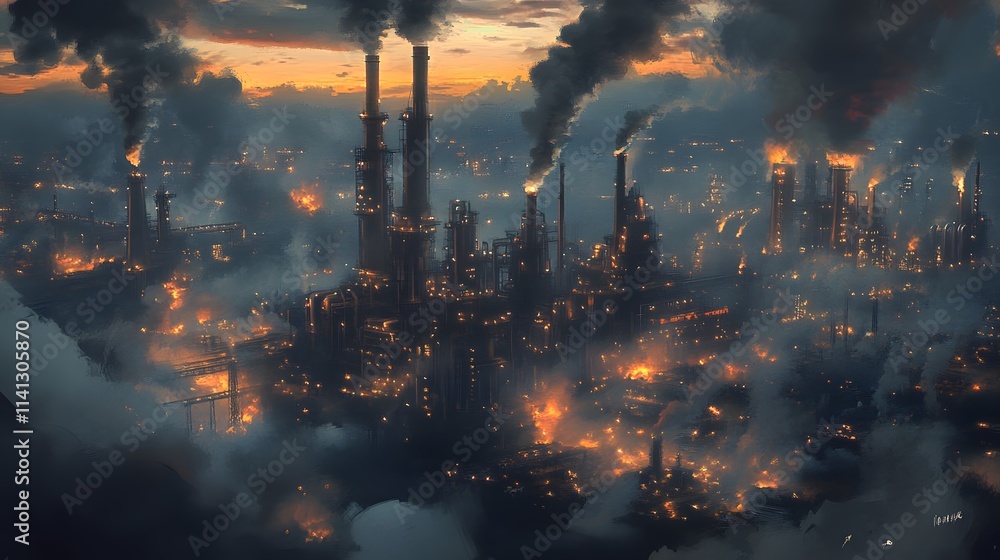 Expansive Oil Refinery Ecosystem with Adjacent Power Plants Expansive Oil Refinery Ecosystem with Adjacent Power Plants