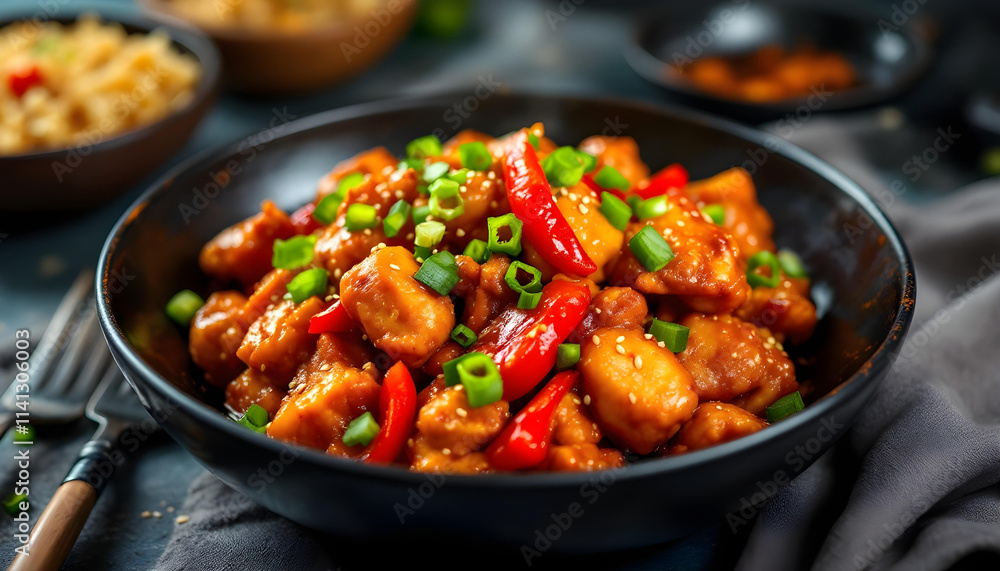 bowl of Chilli Chicken with vegetables bowl of Chilli Chicken with vegetables