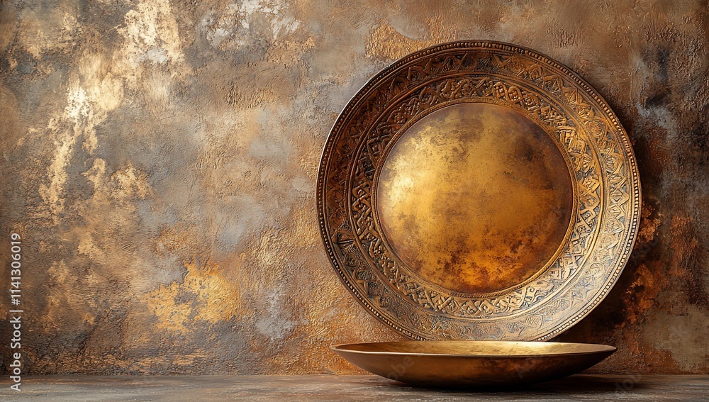 Ornate brass plates on textured background. Ornate brass plates on textured background.