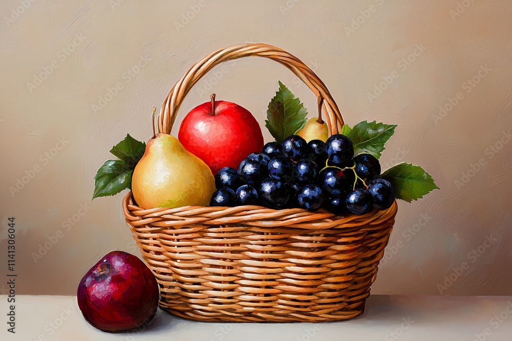 A vibrant wicker basket filled with apples, pears, and grapes, set against a soft, neutral background. A vibrant wicker basket filled with apples, pears, and grapes, set against a soft, neutral background.