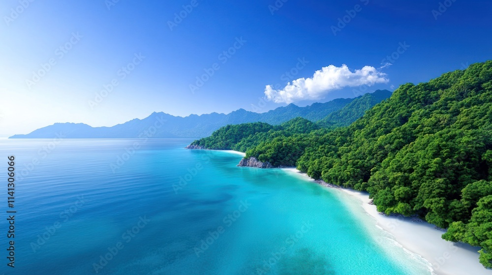 Serene beach landscape with clear waters and lush green mountains. Serene beach landscape with clear waters and lush green mountains.