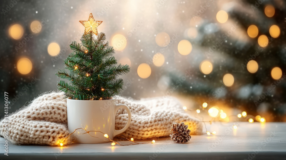 Christmas tree and candles on the wooden board, scarf Christmas tree and candles on the wooden board, scarf