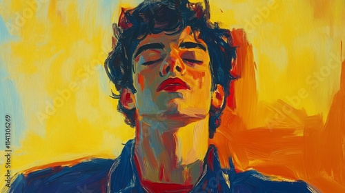 Portrait of a Young Man with Closed Eyes, Embracing Emotions Amidst Vibrant Colors, Capturing the Essence of Serenity and Self-Discovery in an Artistic Style