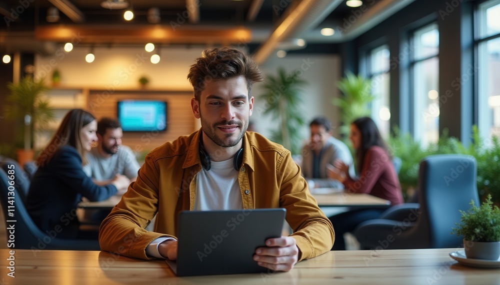 Young Man Using Tablet in Modern Office Coworking Space Young Man Using Tablet in Modern Office Coworking Space
