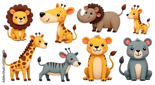 Cute Cartoon Wild Animals Illustration Collection Featuring Lions, Giraffes, Rhinos, and More for Children's Designs and Educational Projects photo