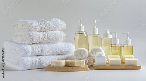 Obraz na plátně A luxury bathroom product collection featuring natural soap bars, glass lotion b