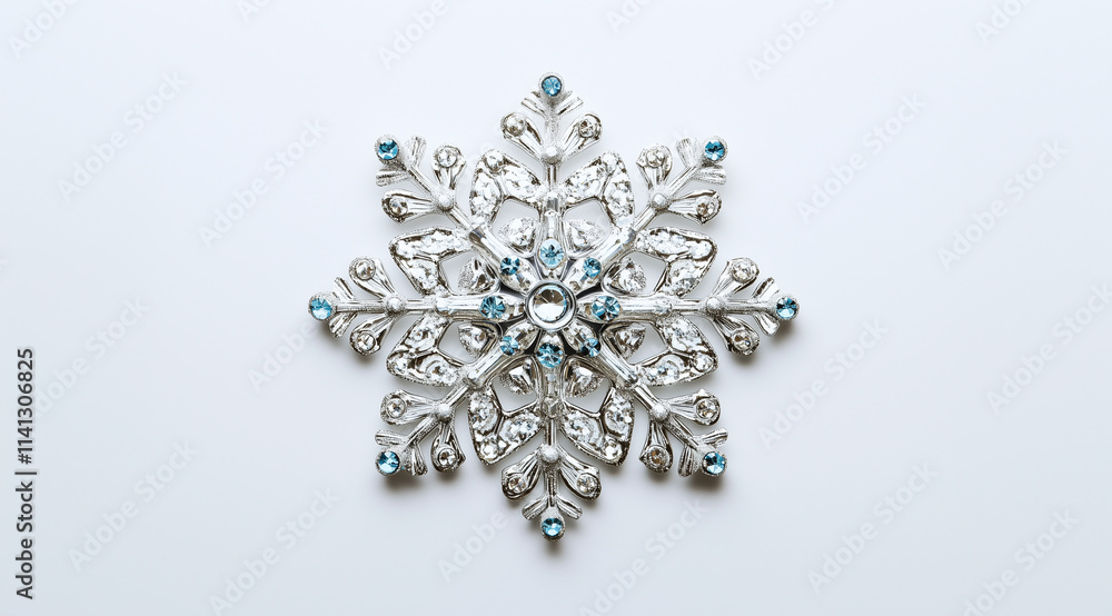 Decorative metal snowflake on a white background close up, created with Generative AI technology Decorative metal snowflake on a white background close up, created with Generative AI technology