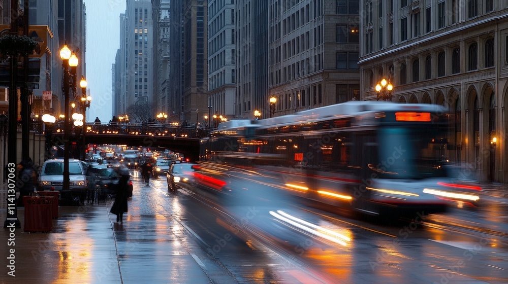 Fototapeta premium Bustling Urban Street with Modern Vehicles in Motion