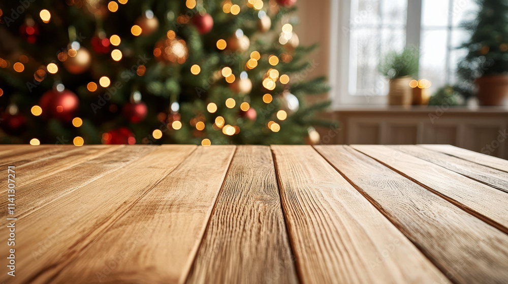 Wooden table with a blurred Christmas tree and windows in the background Wooden table with a blurred Christmas tree and windows in the background