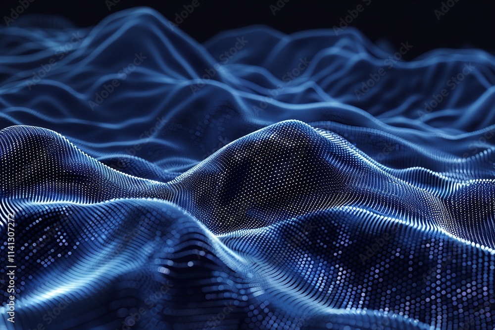 Fototapeta premium An abstract dark blue digital background with deep-depth regions and glistening blue light particles Lines are formed by particles. Generative Ai