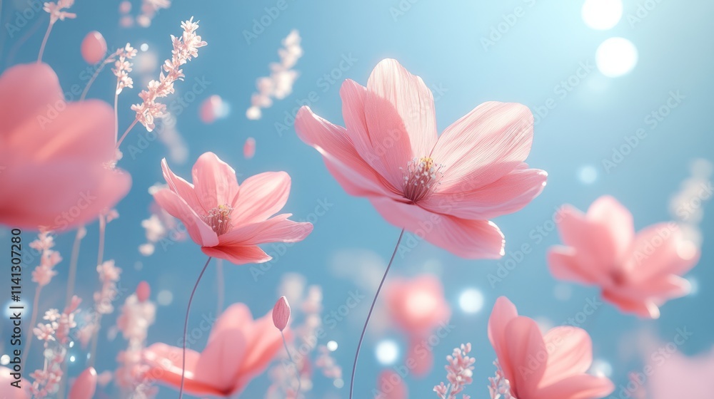 Delicate pink flowers in soft light, floating in an ethereal garden setting. Delicate pink flowers in soft light, floating in an ethereal garden setting.