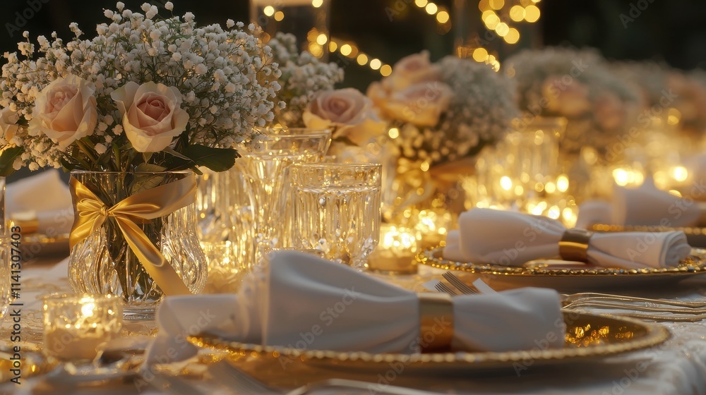 An elegant wedding table arrangement with fine china, gold-rimmed glassware, and delicately folded napkins tied with satin ribbons. Fresh floral centerpieces of roses and baby’s breath sit in An elegant wedding table arrangement with fine china, gold-rimmed glassware, and delicately folded napkins tied with satin ribbons. Fresh floral centerpieces of roses and baby’s breath sit in