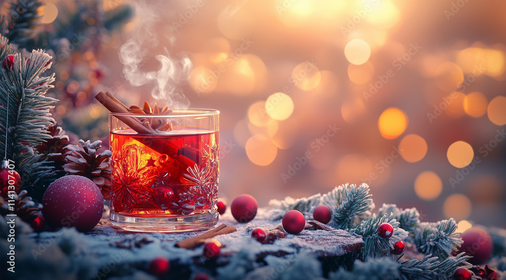Mulled wine in a glass, Christmas tree branches and decorations on a light background with space for text, created with Generative AI technology Mulled wine in a glass, Christmas tree branches and decorations on a light background with space for text, created with Generative AI technology
