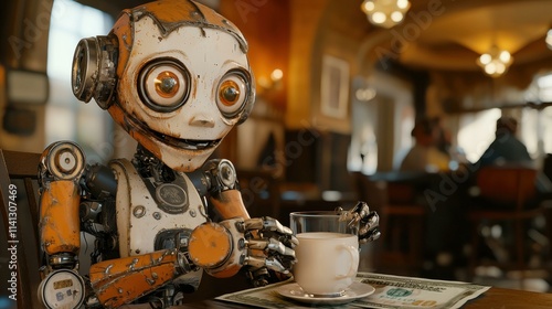 A friendly robot enjoys a coffee break. AI.