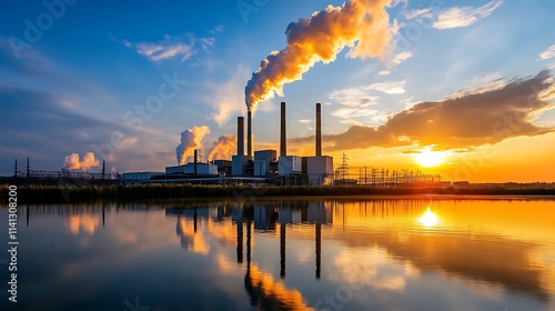 Industrial Sunset: Power Plant Emissions Reflecting on Calm Waters AI Generated