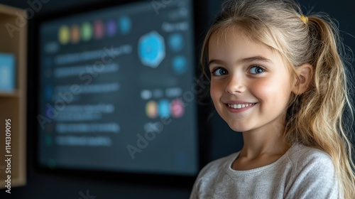 Free Download Cheerful and Curious Young Blonde Girl Exploring and Analyzing an Educational Digital Interface or Dashboard on a Computer Monitor in an Indoor Classroom or Workspace Setting - GFXLoad