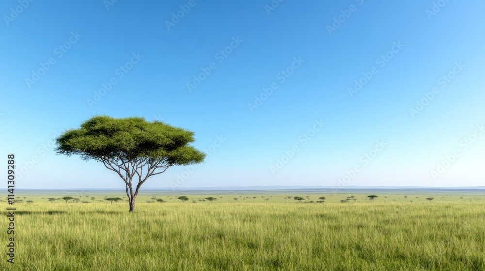 A solitary tree stands in a vast, open grassy landscape under a clear sky. A solitary tree stands in a vast, open grassy landscape under a clear sky.