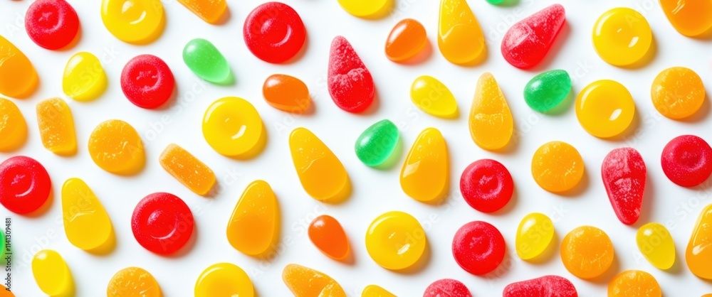 A photograph of a white surface covered in a variety of brightly colored gummy candies. The candies are in various shapes, including hearts, leaves, and teardrops, and are scattered randomly. The colo A photograph of a white surface covered in a variety of brightly colored gummy candies. The candies are in various shapes, including hearts, leaves, and teardrops, and are scattered randomly. The colo