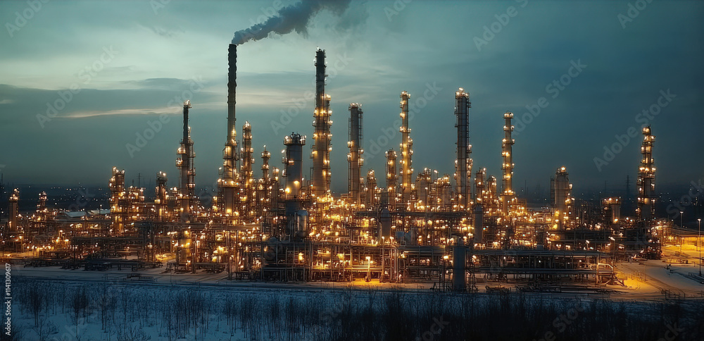 In the evening, the high tower of the refinery by the seaside was illuminated with lights In the evening, the high tower of the refinery by the seaside was illuminated with lights