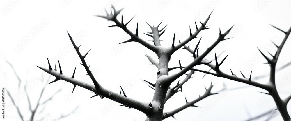 Fototapeta premium Photo of a black and white tree branch against a white background, with a shallow depth of field, jpeg artifacts, high quality