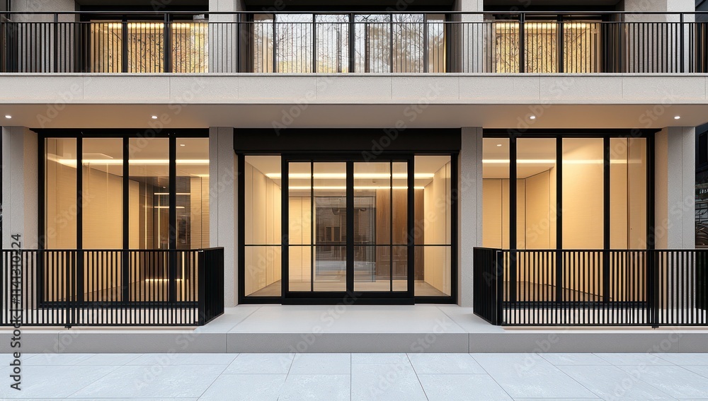Sleek modern entrance to an apartment with a metal fence and large glass doors. Sleek modern entrance to an apartment with a metal fence and large glass doors.