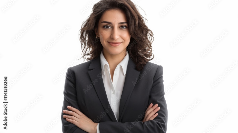 Portrait of a confident 50s Middle Eastern businesswoman, standing with crossed arms, smiling and looking at the camera in a professional suit, isolated on a white background. Portrait of a confident 50s Middle Eastern businesswoman, standing with crossed arms, smiling and looking at the camera in a professional suit, isolated on a white background.