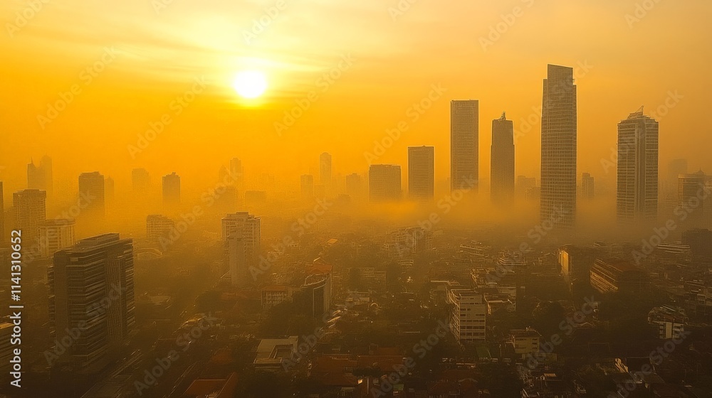 Fototapeta premium Smoggy City Skyline at Sunrise with Silhouetted Buildings
