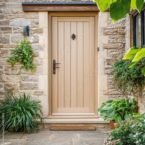 Wooden front door with vertical grain, set against neutral stone and surrounded by green plants.