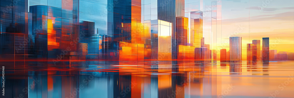Modern abstract painting of a cityscape, with tall buildings and a skyline, generative AI Modern abstract painting of a cityscape, with tall buildings and a skyline, generative AI