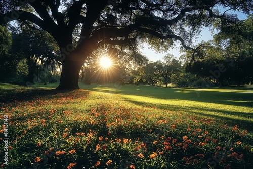 Serene park scene with lush green grass, sunlight filtering through the leaves of an old oak tree, and vibrant spring colors in full bloom.