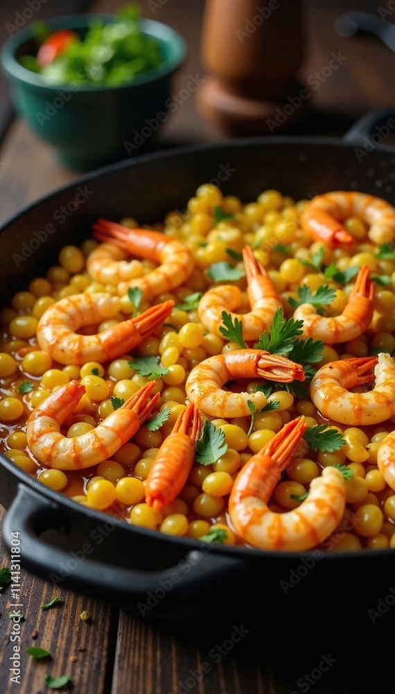 Golden-brown seafood mix in a large paella pan, savory dish, seafood mix, sea creatures Golden-brown seafood mix in a large paella pan, savory dish, seafood mix, sea creatures