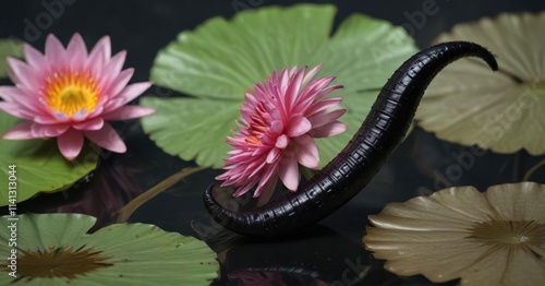 Large Black Leech Hirudo Medicinalis on a Water Lily Stem , aquatic life, hirudo medicinalis photo