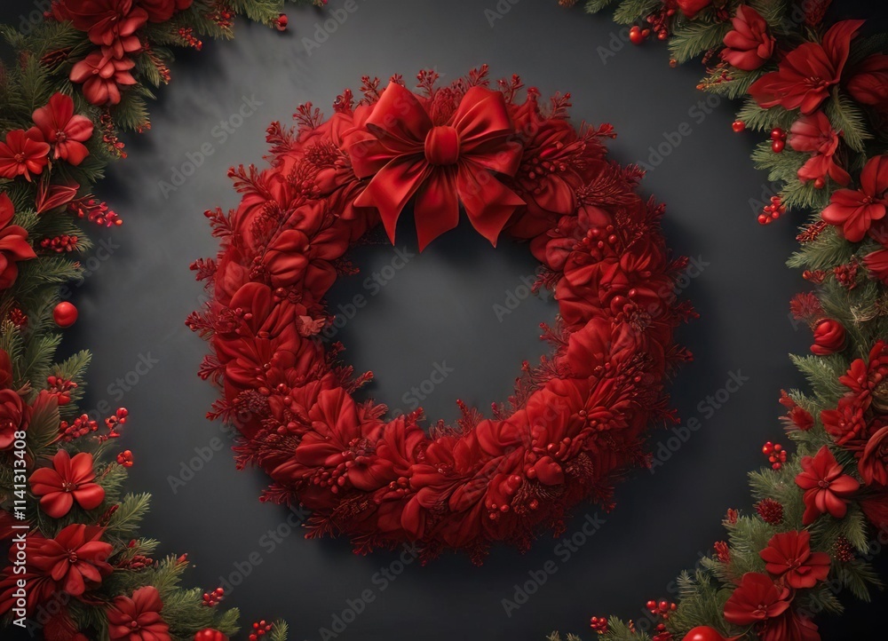 Luxurious red velvet fabric with a bright red Christmas wreath in the center, gift wrapping idea, Christmas craft