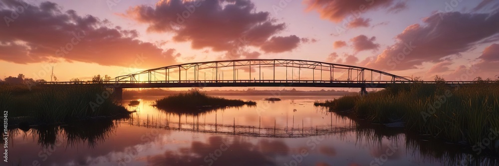 Fototapeta premium Majestic bridge spanning a serene marsh at sunset , Cape Cod, water, wooden bridge
