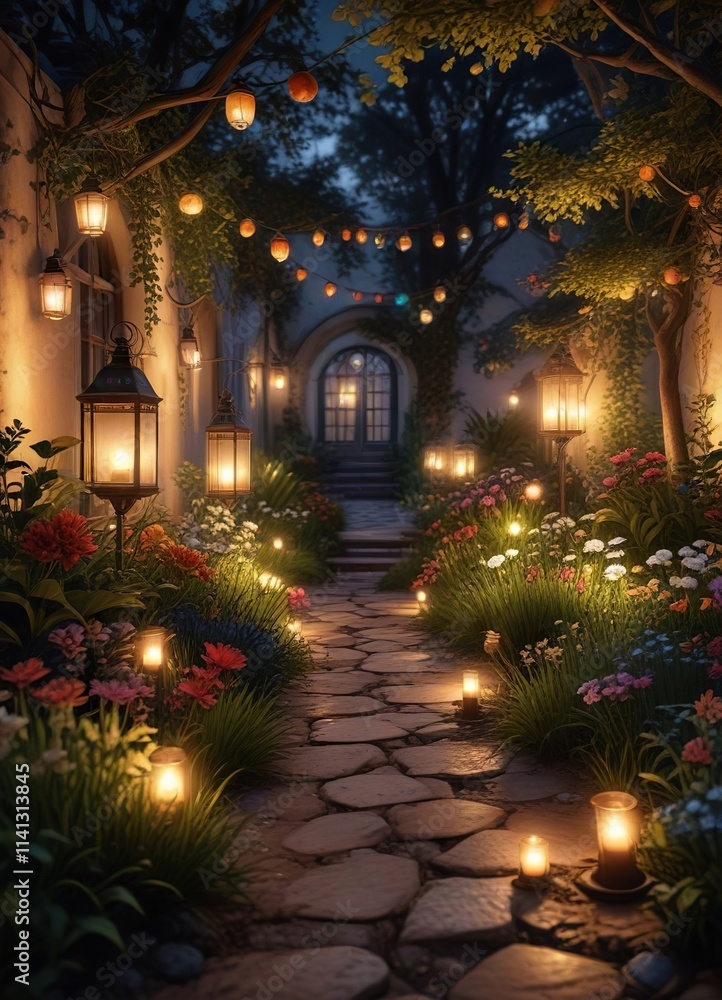 Fototapeta premium Moonlit garden with soft candlelight and lanterns, ambiance, romantic walk