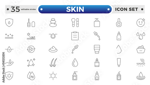 Skin care Outline icons set. Moisture cream, acid, anti wrinkle serum, ceramide, collagen, retinol compound, sunscreen vector illustration. Editable stroke outline icon.
