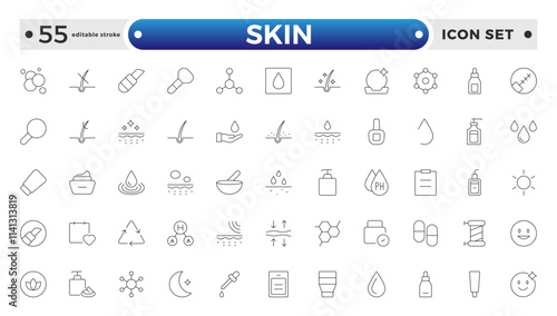 Skin care Outline icons set. Moisture cream, acid, anti wrinkle serum, ceramide, collagen, retinol compound, sunscreen vector illustration. Editable stroke outline icon.
