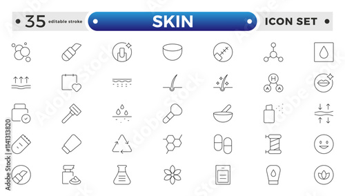 Skin care Outline icons set. Moisture cream, acid, anti wrinkle serum, ceramide, collagen, retinol compound, sunscreen vector illustration. Editable stroke outline icon.
