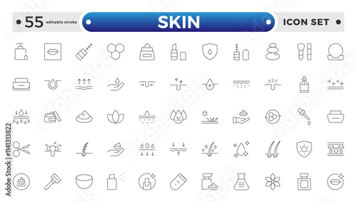 Skin care Outline icons set. Moisture cream, acid, anti wrinkle serum, ceramide, collagen, retinol compound, sunscreen vector illustration. Editable stroke outline icon.
