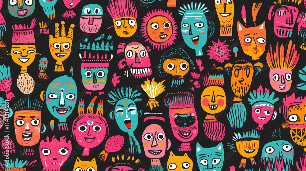 A vibrant illustration featuring diverse faces with unique expressions and bright colors. A vibrant illustration featuring diverse faces with unique expressions and bright colors.