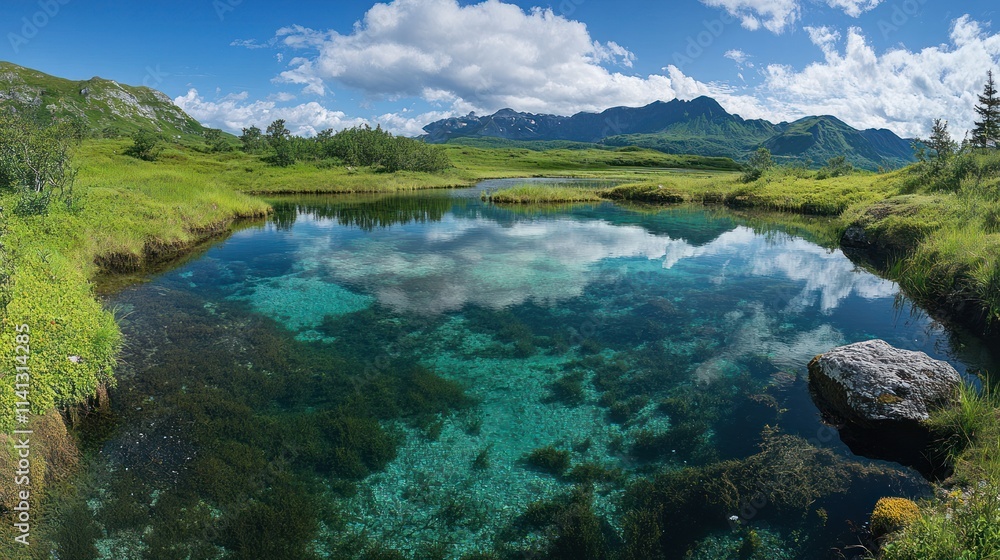 Serene mountain lake reflecting a vibrant sky. Crystal clear water reveals aquatic plants and a tranquil alpine landscape. Serene mountain lake reflecting a vibrant sky. Crystal clear water reveals aquatic plants and a tranquil alpine landscape.