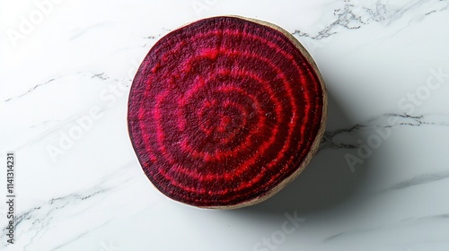 A vibrant slice of fresh beetroot isolated on a white background, showcasing its deep red color, fine radial lines, and natural earthy textures. The clean composition highlights nutrition, vibrance, 