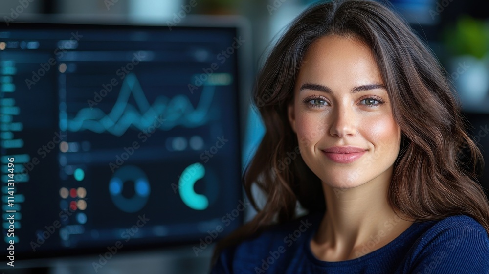 Confident young businesswoman analyzing financial data and market trends on computer dashboard in modern office setting