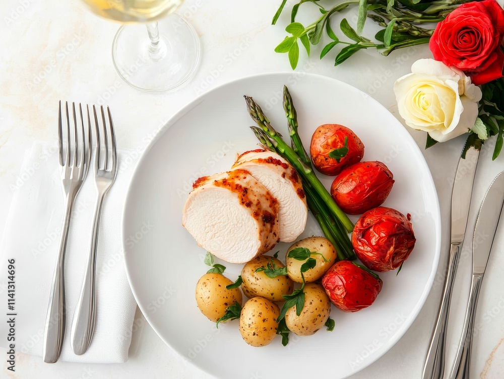 valentine food romantic flavors concept, A beautifully plated meal featuring grilled chicken, asparagus, roasted tomatoes, and baby potatoes, elegantly arranged on a white plate with a glass of wine. valentine food romantic flavors concept, A beautifully plated meal featuring grilled chicken, asparagus, roasted tomatoes, and baby potatoes, elegantly arranged on a white plate with a glass of wine.