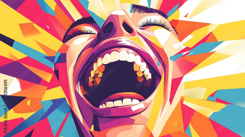 Obraz premium Joyful woman laughing, vibrant colors, abstract background.