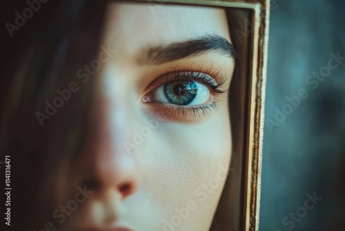 A womans eye reflected in a golden frame photo