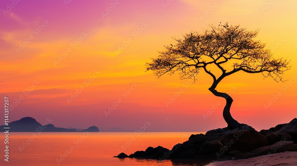 Silhouette of a tree against a vibrant purple sky at sunset nature landscape photography tranquil environment artistic viewpoint captivating concept